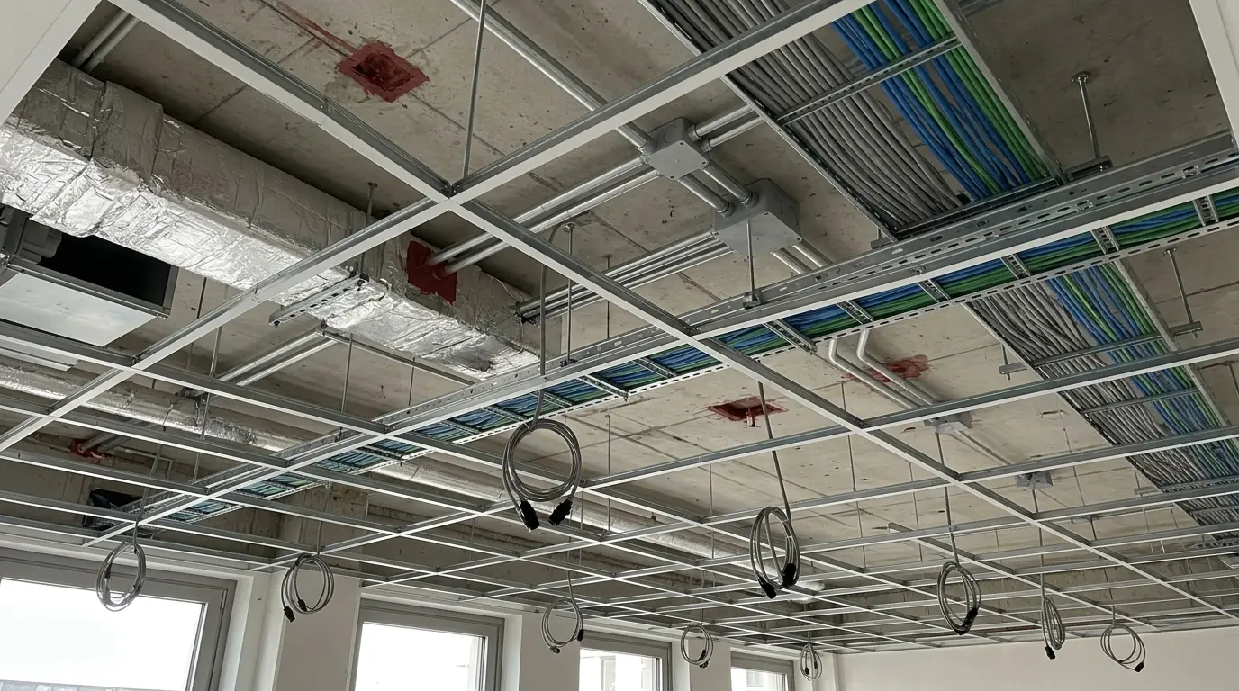 Verlegte Elektroleitungen im Kabelkanal an der Decke eines Rohbaus in Hamburg