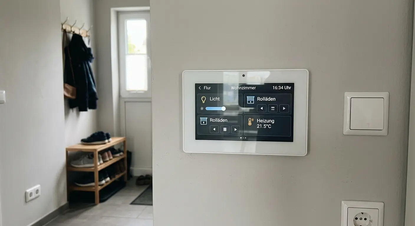 Wandmontiertes Touchpanel zur Smart-Home-Raumsteuerung in einer Hamburger Wohnung