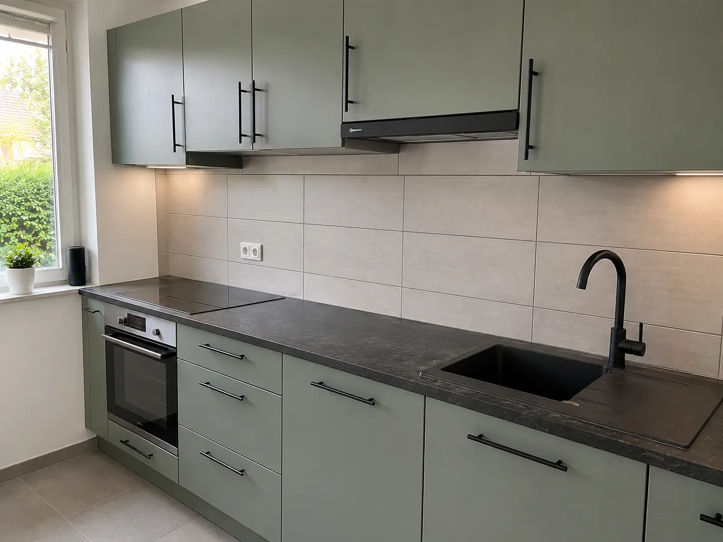 Fertig geflieste Küche mit modernem Rückspiegel nach Sanierung in Hamburg